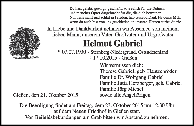  Traueranzeige für Helmut Gabriel vom 21.10.2015 aus  Gießener Anzeiger