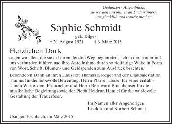 Traueranzeige von Sophie Schmidt von  Usinger Anzeiger