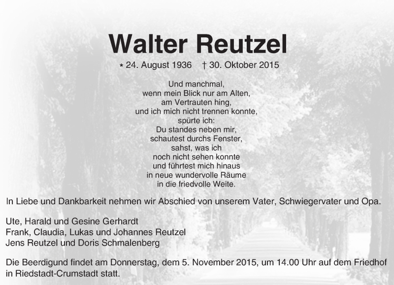  Traueranzeige für Walter Reutzel vom 03.11.2015 aus trauer.echo-online.de