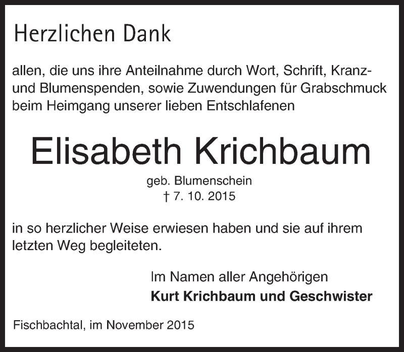  Traueranzeige für Elisabeth Krichbaum vom 07.11.2015 aus trauer.echo-online.de