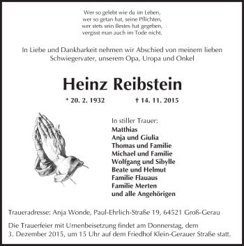 Traueranzeige von Heinz Reibstein von trauer.echo-online.de