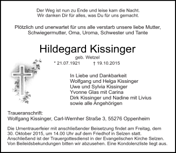 Traueranzeige von Hildegard Kissinger von  Landskrone
