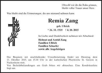 Traueranzeige von Remia Zang von  Landskrone