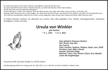 Traueranzeige von Ursula von Winkler von  Idsteiner Zeitung