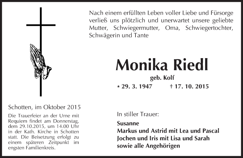  Traueranzeige für Monika Riedl vom 24.10.2015 aus  Kreisanzeiger
