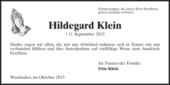 Traueranzeige von Hildegard Klein von  WI-komplett