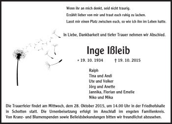 Traueranzeige von Inge Ißleib von  Kreisanzeiger