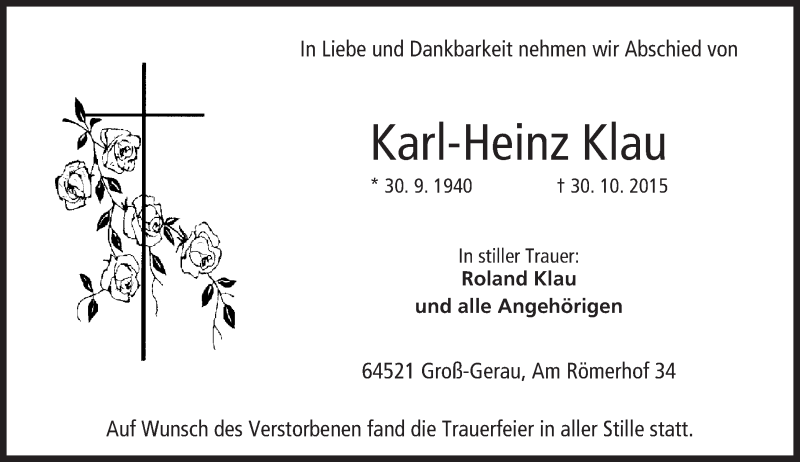  Traueranzeige für Karl-Heinz Klau vom 10.11.2015 aus trauer.echo-online.de