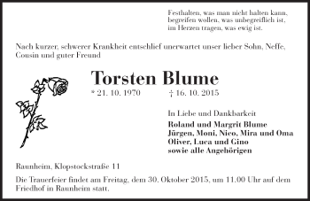 Traueranzeige von Torsten Blume von  Mainspitze