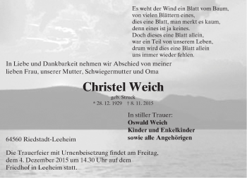 Traueranzeige von Christel Weich von trauer.echo-online.de
