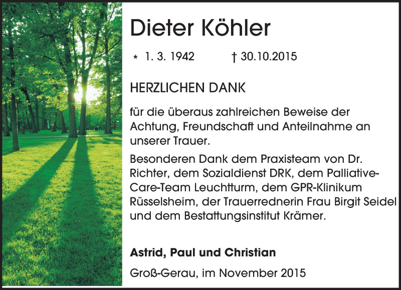  Traueranzeige für Dieter Köhler vom 21.11.2015 aus trauer.echo-online.de