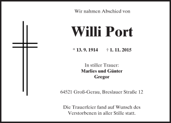 Traueranzeige von Willi Port von trauer.echo-online.de