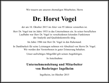Traueranzeige von Horst Vogel von  Ingelheim-Bingen