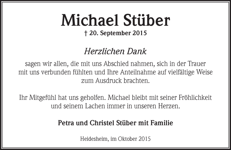  Traueranzeige für Michael Stüber vom 24.10.2015 aus  Ingelheim-Bingen