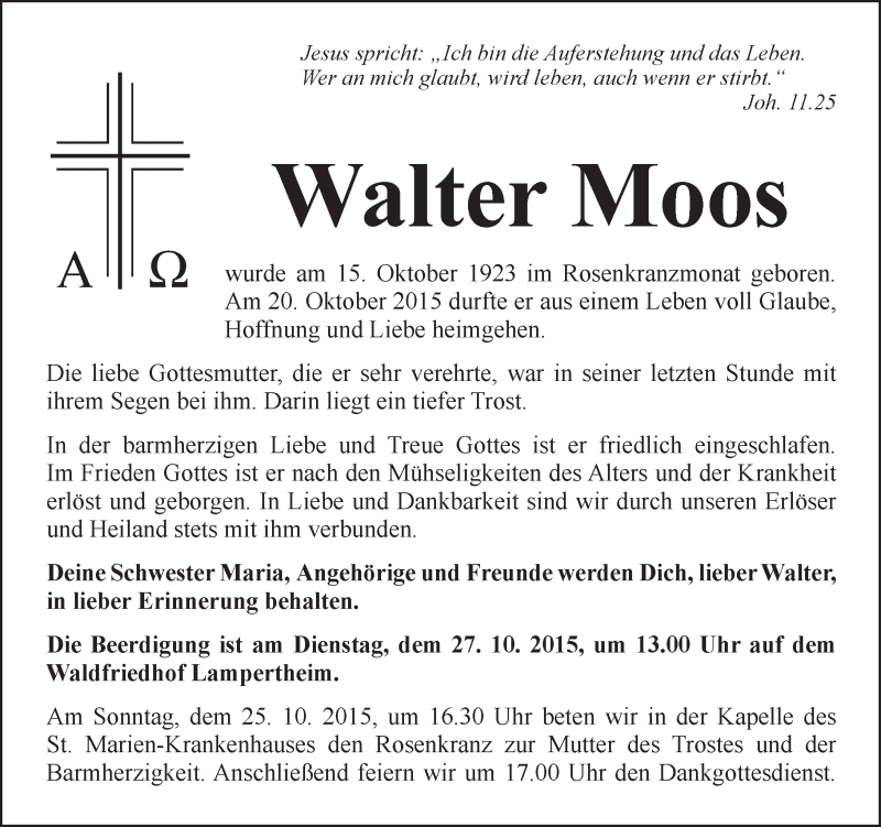  Traueranzeige für Walter Moos vom 24.10.2015 aus  Bürstädter Zeitung