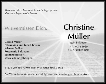 Traueranzeige von Christine Müller von  Usinger Anzeiger