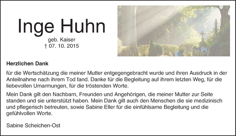  Traueranzeige für Inge Huhn vom 07.11.2015 aus trauer.echo-online.de