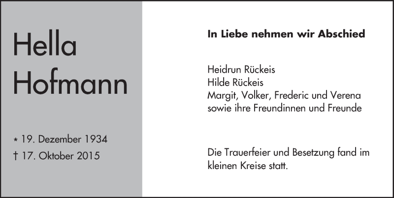  Traueranzeige für Hella Hofmann vom 07.11.2015 aus trauer.echo-online.de