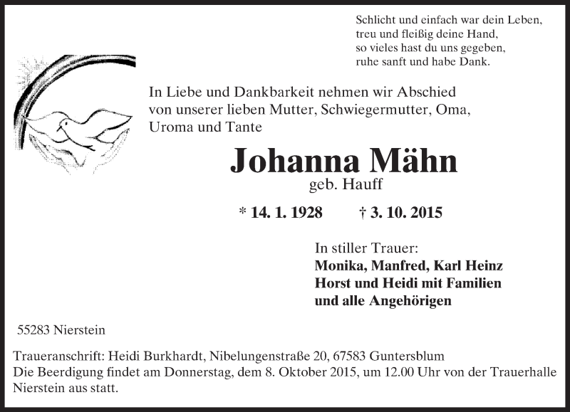  Traueranzeige für Johanna Mähn vom 06.10.2015 aus  Landskrone