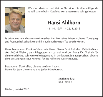 Traueranzeige von Hansi Ahlborn von  Gießener Anzeiger