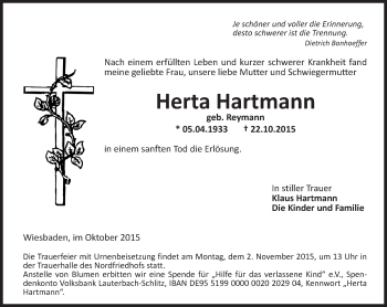 Traueranzeige von Herta Hartmann von  WI-komplett