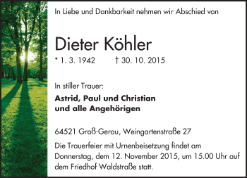 Traueranzeige von Dieter Köhler von trauer.echo-online.de