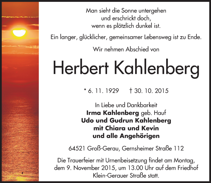  Traueranzeige für Herbert Kahlenberg vom 06.11.2015 aus trauer.echo-online.de