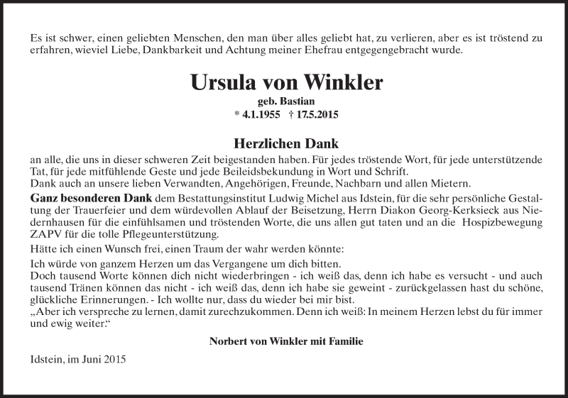  Traueranzeige für Ursula von Winkler vom 13.06.2015 aus  Idsteiner Zeitung