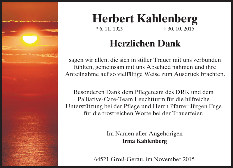  Traueranzeige für Herbert Kahlenberg vom 21.11.2015 aus trauer.echo-online.de