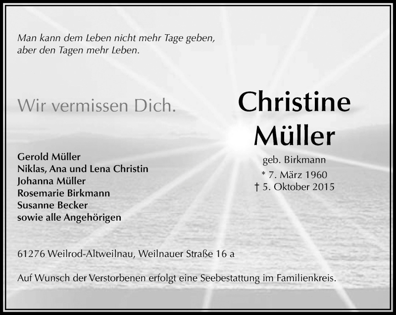  Traueranzeige für Christine Müller vom 07.10.2015 aus  Usinger Anzeiger