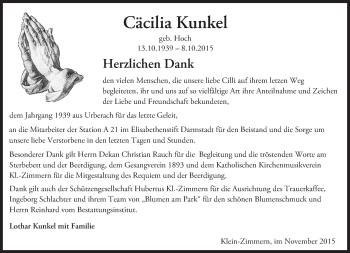 Traueranzeige von Cäcilia Kunkel von trauer.echo-online.de