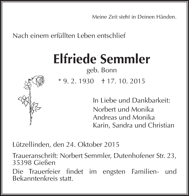  Traueranzeige für Elfriede Semmler vom 24.10.2015 aus  Gießener Anzeiger
