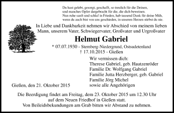 Traueranzeige von Helmut Gabriel von  Gießener Anzeiger