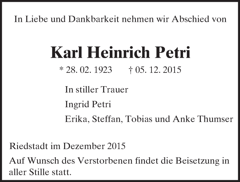  Traueranzeige für Karl Heinrich Petri vom 12.12.2015 aus trauer.echo-online.de