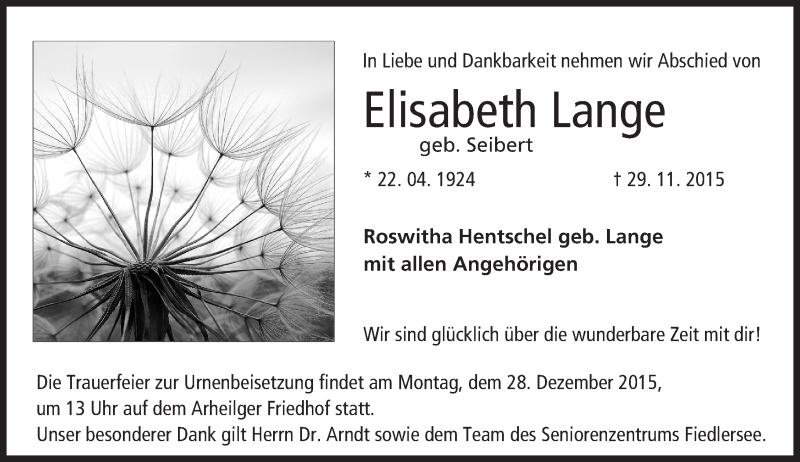  Traueranzeige für Elisabeth Lange vom 16.12.2015 aus trauer.echo-online.de