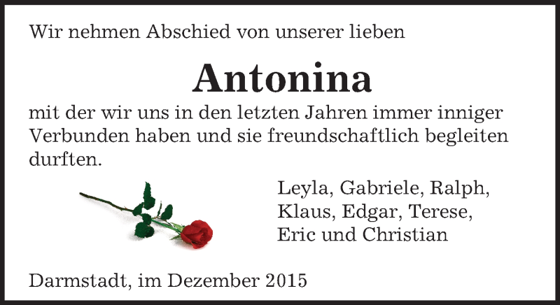  Traueranzeige für Antonina Castillo vom 09.12.2015 aus trauer.echo-online.de