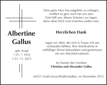 Traueranzeige von Albertine Gallus von trauer.echo-online.de