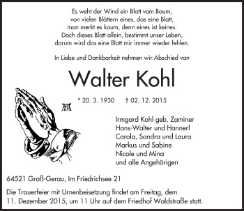 Traueranzeige von Walter Kohl von trauer.echo-online.de