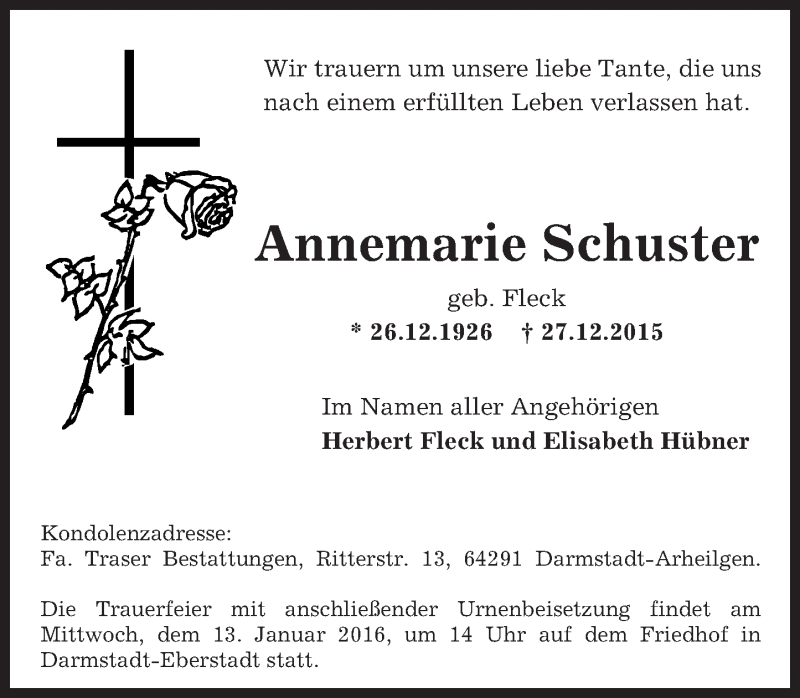  Traueranzeige für Annemarie Schuster vom 09.01.2016 aus trauer.echo-online.de