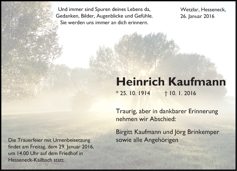  Traueranzeige für Heinrich Kaufmann vom 26.01.2016 aus trauer.echo-online.de