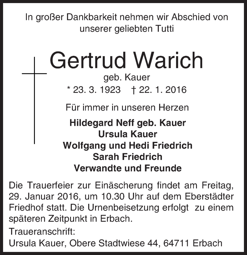  Traueranzeige für Gertrud Warich vom 27.01.2016 aus trauer.echo-online.de