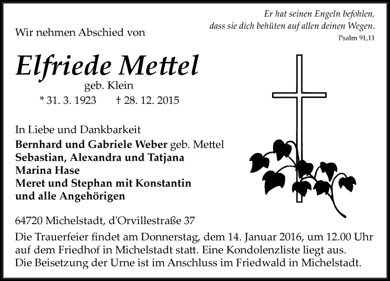  Traueranzeige für Elfriede Mettel vom 06.01.2016 aus trauer.echo-online.de