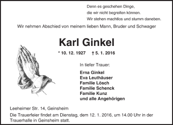 Traueranzeige von Karl Ginkel von trauer.echo-online.de