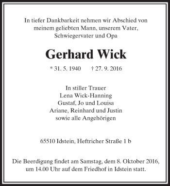 Traueranzeige von Gerhard Wick von  Camberger Anzeiger