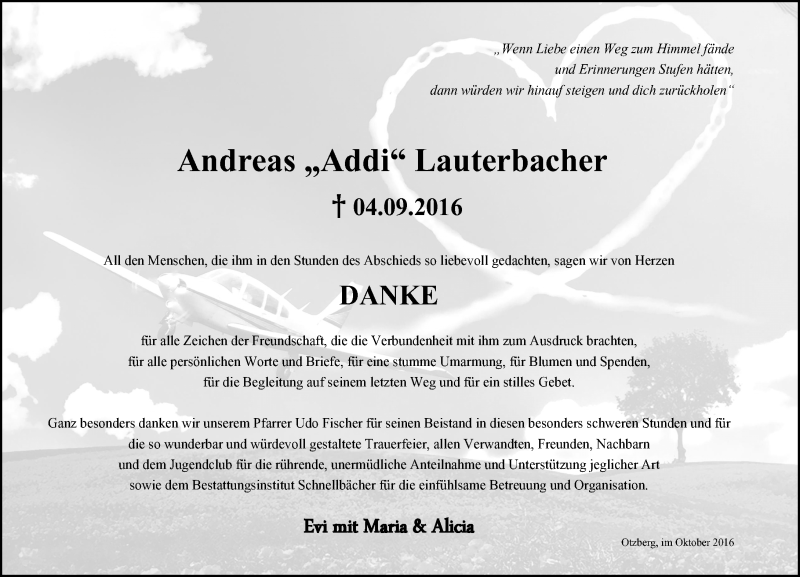  Traueranzeige für Andreas  Lauterbacher vom 08.10.2016 aus Trauerportal Echo Online