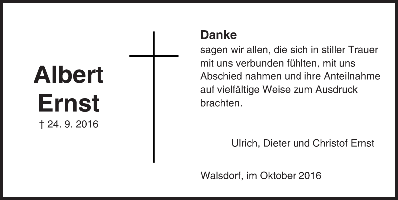  Traueranzeige für Albert Ernst vom 20.10.2016 aus  Camberger Anzeiger