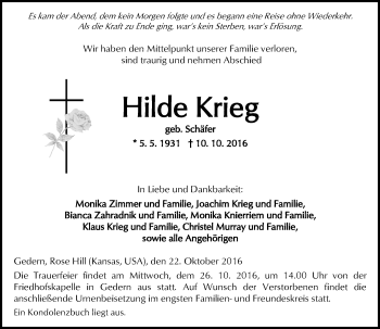Traueranzeige von Hilde Krieg von  Kreisanzeiger