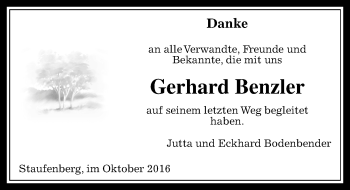 Traueranzeige von Gerhard Benzler von  Gießener Anzeiger