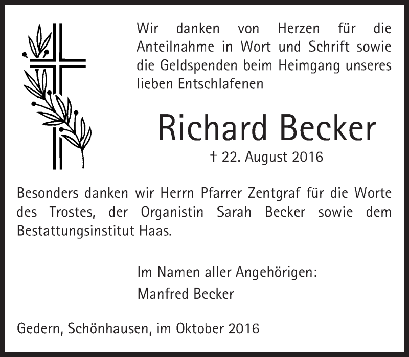  Traueranzeige für Richard Becker vom 15.10.2016 aus  Kreisanzeiger