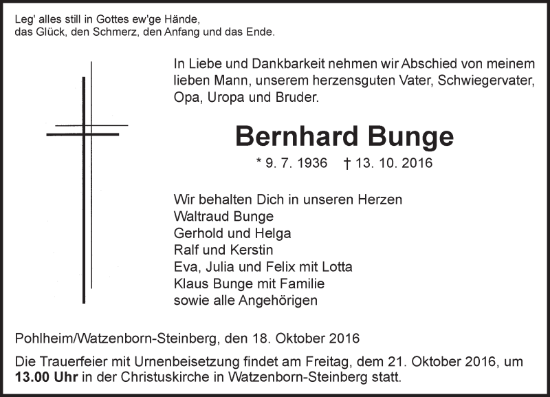  Traueranzeige für Bernhard Bunge vom 18.10.2016 aus  Gießener Anzeiger
